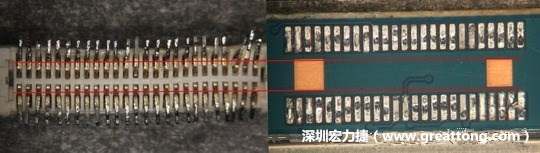 把板對(duì)板連接器與其電路板的佈線(xiàn)焊墊作一個(gè)比較，端子的切斷面有毛邊的地方剛好對(duì)到了裸銅區(qū)。