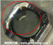 使用錫(Sn)鍍層的電源電感器(Power Inductors)，經(jīng)過推力測(cè)試后，其焊點(diǎn)還保留在零件的端點(diǎn)上，所以推力比較高。