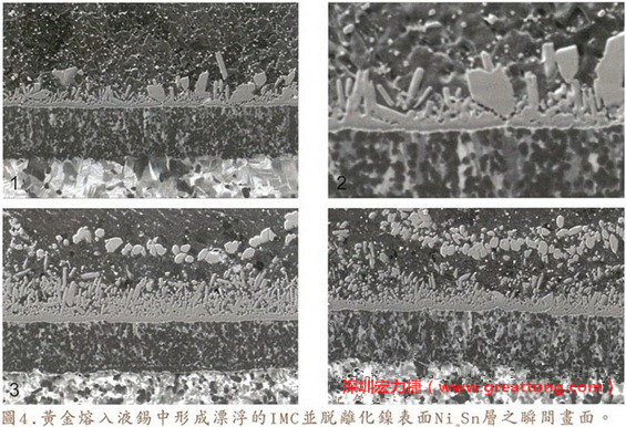 下面四張圖片為放大4500倍的SEM圖像，說明在回流焊爐熱量不足的情況下，黃金成份正要從鎳層分離融入焊錫之中的瞬間，當(dāng)零件遭受外力沖擊的時(shí)候就極有可能從這一整排AuSn、、AuSn2或AuSn4的IMC處裂開。