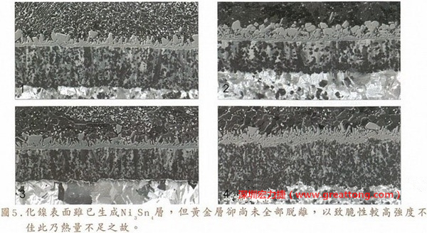下面四圖顯示，當(dāng)焊接的熱量不足或未持續(xù)時(shí)，雖然Ni3Sn4的薄薄IMC層已經(jīng)生成而焊牢，但也會因?yàn)锳uSn及AuSn2還未來得及逸走，而停留在共金介面附近，當(dāng)有外力拉扯的時(shí)候，就很容易斷裂開來。這就是為何ENIG的焊點(diǎn)強(qiáng)度，始終不如銅面焊點(diǎn)(Cu6Sn5)來得更為牢固的主因之一。