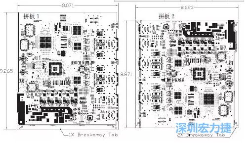 如圖7所示是使用不同數(shù)量邊條的拼板，拼板1僅使用了一個(gè)邊條，直接利用PCB另一邊作為SMT工藝傳送邊，并且PCB圖形中有合適的安裝孔；而拼板2則是按常規(guī)設(shè)計(jì)了兩個(gè)邊條。拼板方式為連接筋。圖中“Breakaway Tab”指邊條-深圳宏力捷