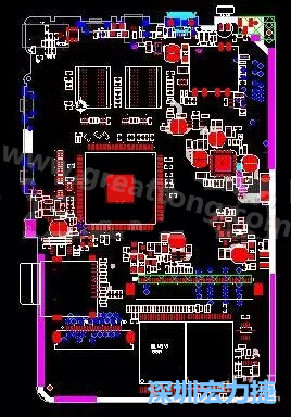 上圖是一個(gè)開發(fā)板的PCB，從布局中可以看出各個(gè)接口電路分離很明確，SDRAM和DDR以及SD卡接口電路等走線不會造成相互的干擾。-深圳宏力捷