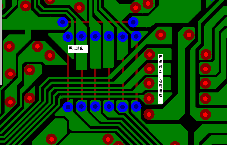 PCB設(shè)計(jì)焊點(diǎn)過(guò)密，易造成波峰連焊，焊點(diǎn)間漏電
