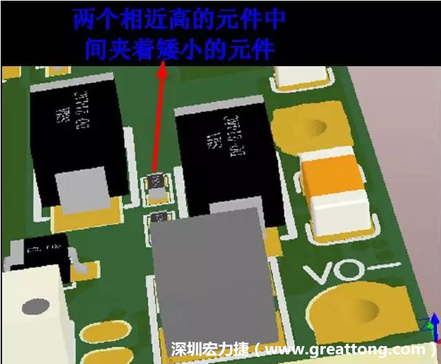 放置器件時要考慮以后的焊接和維修，兩個高度高的元件之間盡量避免放置矮小的元件