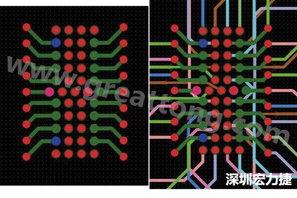圖7：焊盤內過孔用于內部，而外部接腳在0.5mm閘格上扇出。圖7a顯示的是頂層(左)；圖7b顯示頂層和內部布線層(右)。