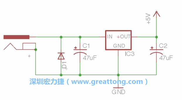 新增RBBB→Power_Jack，將它放在電壓調(diào)整器的輸入端旁邊。
