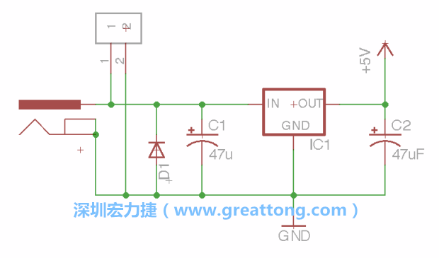2.5.    新增一個(gè)二極體，它會(huì)以水平的狀態(tài)出現(xiàn)在屏幕上，請(qǐng)使用「旋轉(zhuǎn)（Rotate）」工具把它負(fù)極那一面朝上，并且用「網(wǎng)絡(luò)連接」工具將它連接在電壓調(diào)整器的輸入端和接地端之間。