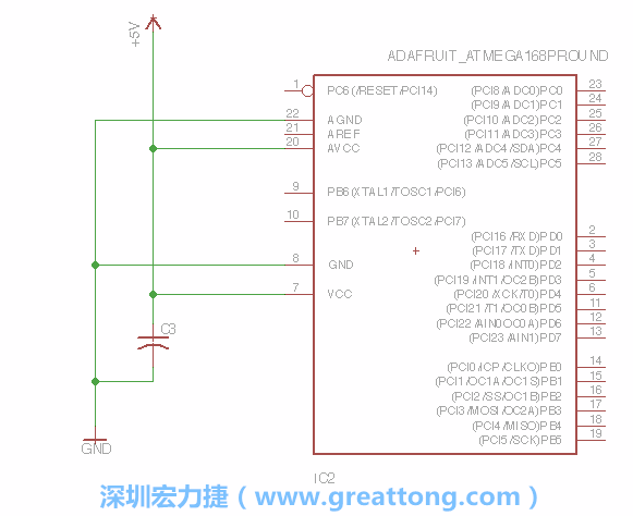 3.1.    新增微控制器晶片（RBBB → ATmega），把它放在電路原理圖的中央附近，把它的兩個(gè)接地接頭連接到接地訊號端。