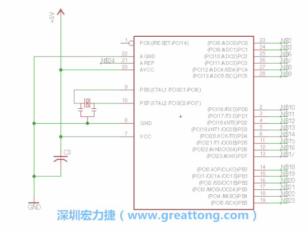 3.3.    將共鳴器（resonator）放置在針腳9和針腳10附近，將它的三個(gè)針腳連接如圖所示，并確認(rèn)最中間的針腳有連到接地端。