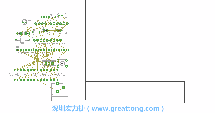 第一次執(zhí)行布線編輯器時(shí)，你會(huì)發(fā)現(xiàn)有兩個(gè)區(qū)塊，左邊的區(qū)塊非?；靵y，而右邊的區(qū)塊則是一個(gè)長(zhǎng)方形的工作區(qū)域，EAGLE免費(fèi)版會(huì)限制你的工作區(qū)域在4” x 3.2”的范圍內(nèi)，如果你試圖將元件擺放在工作區(qū)外的話，就會(huì)跳出警示訊息。