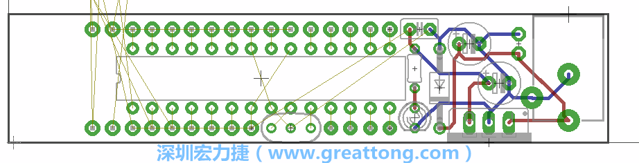 將ATmega微控制器、三個(gè)GPIO排針（JP2, JP3, JP4）和諧振器（resonator）排置如上圖所示。