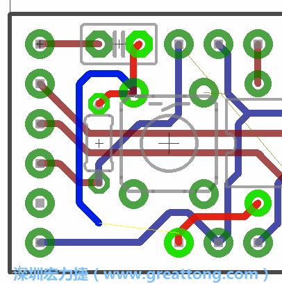 要在電路板正面進(jìn)行+5V信號(hào)線連結(jié)和其他連結(jié)點(diǎn)的布線工作是非常容易的，而重置信號(hào)線（信號(hào)線用來連結(jié)電路板正面左邊的重置開關(guān)）需要經(jīng)過一個(gè)可以通過電路板正反兩面的電路通道，這個(gè)通道是一個(gè)可以讓電路板正反兩面線路連接的一個(gè)小孔。