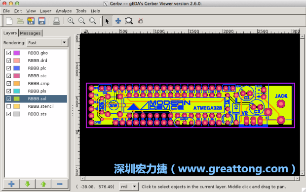 將圖層匯入你的Gerber預(yù)覽工具內(nèi)（下圖為Gerbv），我通常會從上到下重新排列它們的順序，好讓我比較好校對：