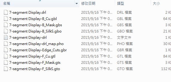 所謂Gerber檔，其實是包含一群檔案 (如下圖所示)，如包含正反面銅箔層 F.Cu B.Cu.，正反面文字面 F.Silkscreen ，B.Silkscreen，防焊層 SolderMask、板邊裁切Edge.Cuts 等。