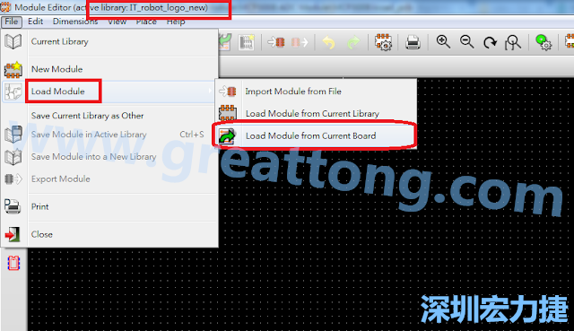 進(jìn)入Module Editor去載入其他Footprint(Module)進(jìn)來， 從目前的Active library (不過要先選取一個Current library ) 載入Module 或從目前正在編輯的PCB載入Module。