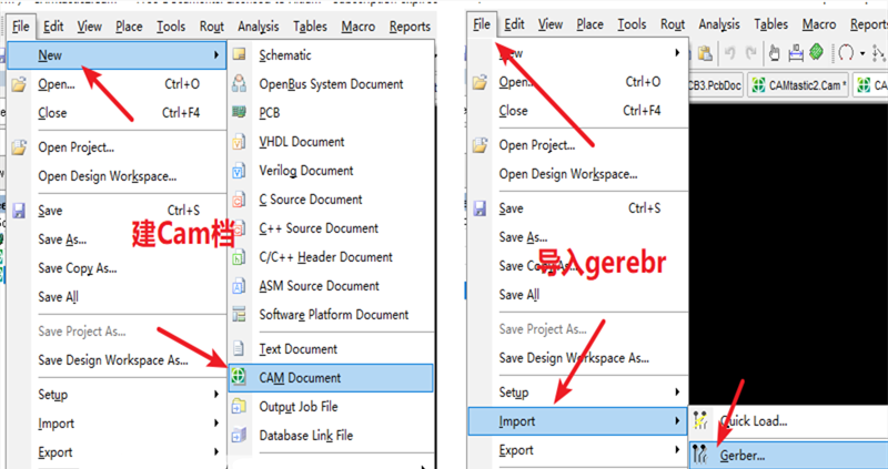在File下新建 Cam檔，建后再File下導(dǎo)入Gerber文件，選擇所有文件導(dǎo)入gerber。